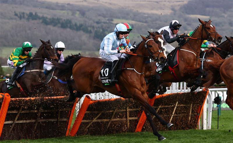 Jockey Rachael Blackmore (C) on hot favourite, Honeysuckle, jump a hurdle during the Champion Hurdle on the first day of the Cheltenham Festival at Cheltenham Racecourse, in Cheltenham, England on March 15, 2022. (Photo by Adrian DENNIS / AFP) (Photo by ADRIAN DENNIS/AFP via Getty Images)