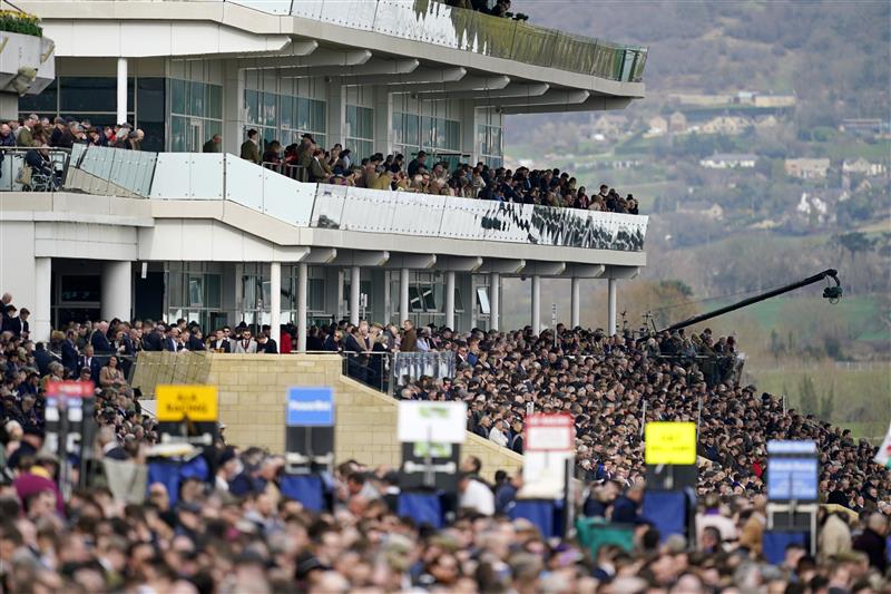 CHELTENHAM, ENGLAND - MARCH 15: A general view as racegoers watch on from the grandstands ahead of the Arkle Chase race during day one of the Cheltenham Festival 2022 at Cheltenham Racecourse on March 15, 2022 in Cheltenham, England. (Photo by Alan Crowhurst/Getty Images)