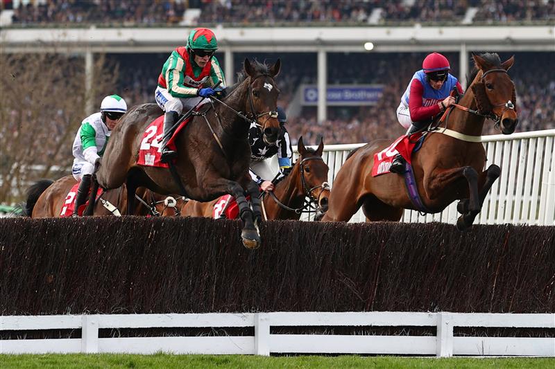 Runner-up, Jockey Tom Scudamore on Gericault Roque (L) jumps a fence in the Ultima Handicap Chase on the first day of the Cheltenham Festival at Cheltenham Racecourse, in Cheltenham, England on March 15, 2022. (Photo by Adrian DENNIS / AFP) (Photo by ADRIAN DENNIS/AFP via Getty Images)