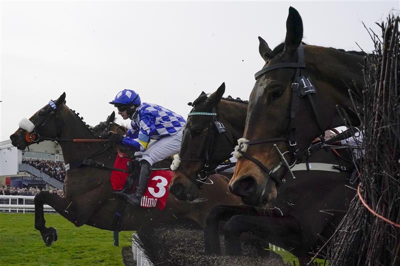 CHELTENHAM, ENGLAND - MARCH 15: A general view as runners clear the fence on the bend during The Ultima Handicap Chase on day one of The Festival at Cheltenham Racecourse on March 15, 2022 in Cheltenham, England. (Photo by Alan Crowhurst/Getty Images)