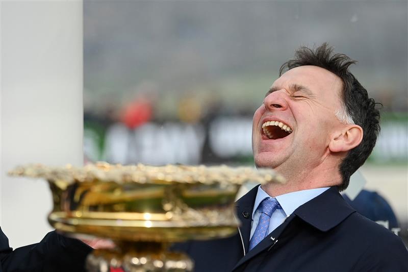CHELTENHAM, ENGLAND - MARCH 15: Henry de Bromhead, trainer of Honeysuckle reacts during the victory ceremony for the The Unibet Champion Hurdle race during day one of the Cheltenham Festival 2022 at Cheltenham Racecourse on March 15, 2022 in Cheltenham, England. (Photo by Mike Hewitt/Getty Images)