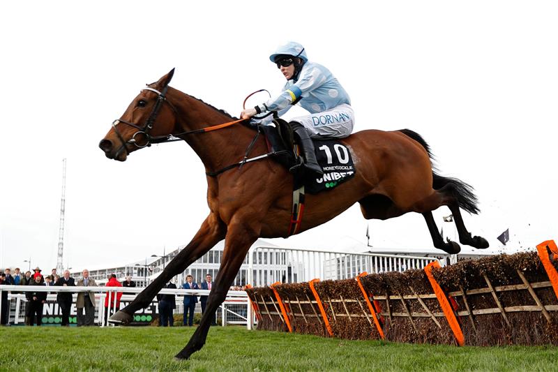 Jockey Rachael Blackmore jumps the final hurdle on Honeysuckle on their way to victory in the Champion Hurdle on the first day of the Cheltenham Festival at Cheltenham Racecourse, in Cheltenham, England on March 15, 2022. (Photo by Adrian DENNIS / AFP) (Photo by ADRIAN DENNIS/AFP via Getty Images)