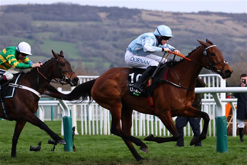 Jockey Rachael Blackmore rides Honeysuckle (R) to victory ahead of Aidan Coleman on Epatante (L) in the Champion Hurdle on the first day of the Cheltenham Festival at Cheltenham Racecourse, in Cheltenham, England on March 15, 2022. (Photo by Adrian DENNIS / AFP) (Photo by ADRIAN DENNIS/AFP via Getty Images)