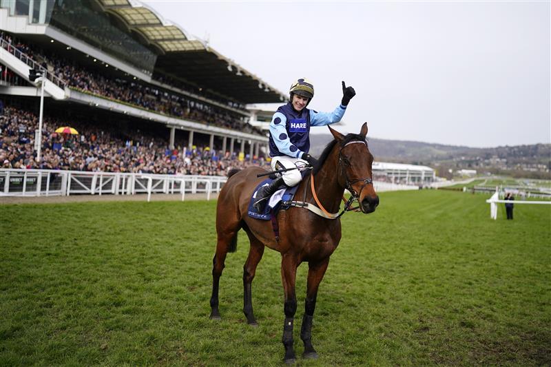 CHELTENHAM, ENGLAND - MARCH 15: Tom Cannon on Edwardstone celebrates victory after the Arkle Chase race during day one of the Cheltenham Festival 2022 at Cheltenham Racecourse on March 15, 2022 in Cheltenham, England. (Photo by Alan Crowhurst/Getty Images)