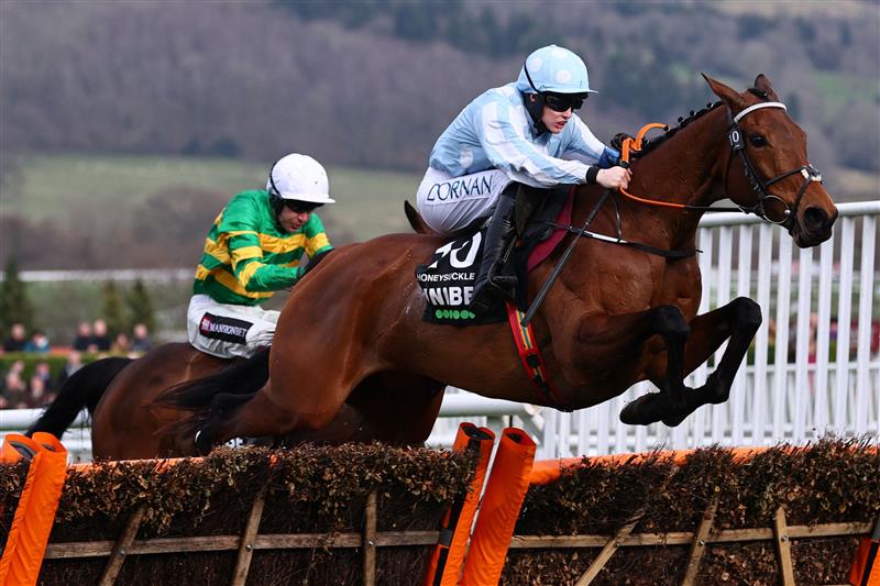 Jockey Rachael Blackmore rides Honeysuckle (R) to victory ahead of Aidan Coleman on Epatante (L) in the Champion Hurdle on the first day of the Cheltenham Festival at Cheltenham Racecourse, in Cheltenham, England on March 15, 2022. (Photo by Adrian DENNIS / AFP) (Photo by ADRIAN DENNIS/AFP via Getty Images)