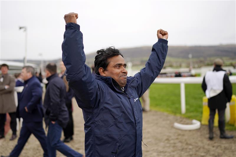 CHELTENHAM, ENGLAND - MARCH 15: Stable staff of Marie's Rock celebrates after their victory in The Mares’ Hurdle race during day one of the Cheltenham Festival 2022 at Cheltenham Racecourse on March 15, 2022 in Cheltenham, England. (Photo by Alan Crowhurst/Getty Images)