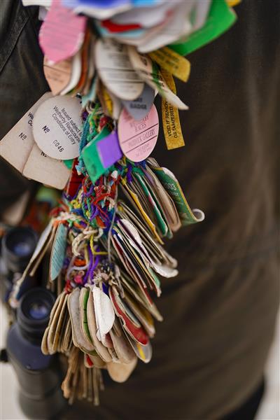 CHELTENHAM, ENGLAND - MARCH 15: A racegoer with badges from many days racing throughout the years on day one of The Festival at Cheltenham Racecourse on March 15, 2022 in Cheltenham, England. (Photo by Alan Crowhurst/Getty Images)