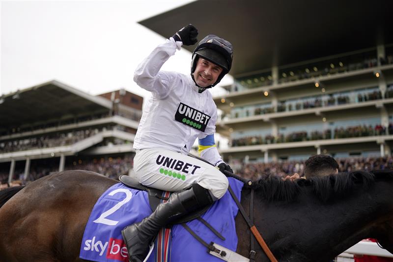 CHELTENHAM, ENGLAND - MARCH 15: Nico de Boinville on Constitution Hill celebrates after winning the Sky Bet Supreme Novices' Hurdle race during day one of the Cheltenham Festival 2022 at Cheltenham Racecourse on March 15, 2022 in Cheltenham, England. (Photo by Alan Crowhurst/Getty Images)