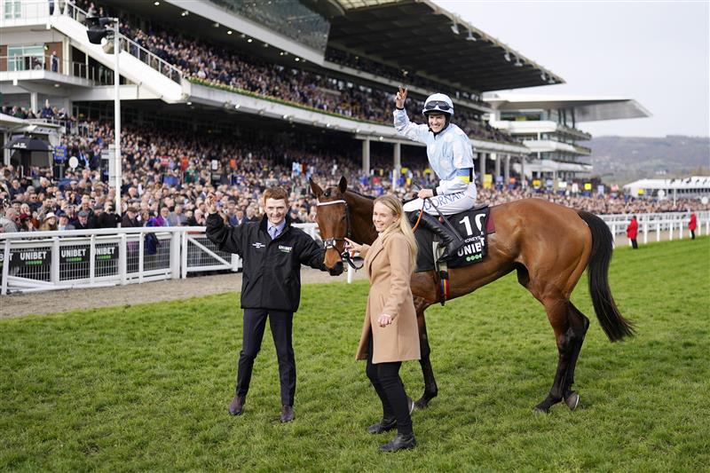 CHELTENHAM, ENGLAND - MARCH 15: Rachel Blackmore on Honeysuckle pose for a photo after winning The Unibet Champion Hurdle race during day one of the Cheltenham Festival 2022 at Cheltenham Racecourse on March 15, 2022 in Cheltenham, England. (Photo by Alan Crowhurst/Getty Images)