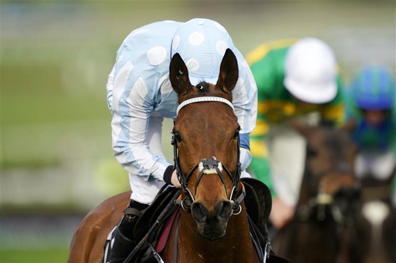 CHELTENHAM, ENGLAND - MARCH 15: Rachel Blackmore on Honeysuckle look on after crossing the finish line to win The Unibet Champion Hurdle race during day one of the Cheltenham Festival 2022 at Cheltenham Racecourse on March 15, 2022 in Cheltenham, England. (Photo by Alan Crowhurst/Getty Images)