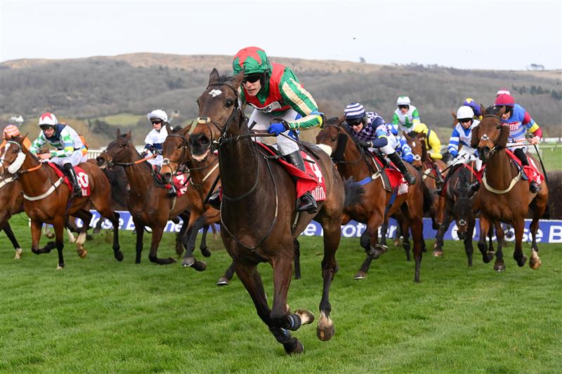 CHELTENHAM, ENGLAND - MARCH 15: Tom Scudamore (green and red cap) riding Gericault Roque after crossing the third last hurdle in the Ultima Handicap Chase race during day one of the Cheltenham Festival 2022 at Cheltenham Racecourse on March 15, 2022 in Cheltenham, England. (Photo by Mike Hewitt/Getty Images)