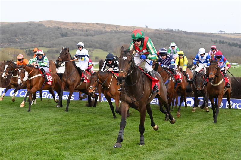 CHELTENHAM, ENGLAND - MARCH 15: Tom Scudamore (green and red cap) riding Gericault Roque after crossing the third last hurdle in the Ultima Handicap Chase race during day one of the Cheltenham Festival 2022 at Cheltenham Racecourse on March 15, 2022 in Cheltenham, England. (Photo by Mike Hewitt/Getty Images)