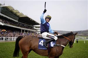 CHELTENHAM, ENGLAND - MARCH 15: Tom Cannon on Edwardstone celebrates victory after the Arkle Chase race during day one of the Cheltenham Festival 2022 at Cheltenham Racecourse on March 15, 2022 in Cheltenham, England. (Photo by Alan Crowhurst/Getty Images)