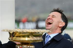 CHELTENHAM, ENGLAND - MARCH 15: Henry de Bromhead, trainer of Honeysuckle reacts during the victory ceremony for the The Unibet Champion Hurdle race during day one of the Cheltenham Festival 2022 at Cheltenham Racecourse on March 15, 2022 in Cheltenham, England. (Photo by Mike Hewitt/Getty Images)