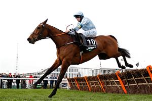Jockey Rachael Blackmore jumps the final hurdle on Honeysuckle on their way to victory in the Champion Hurdle on the first day of the Cheltenham Festival at Cheltenham Racecourse, in Cheltenham, England on March 15, 2022. (Photo by Adrian DENNIS / AFP) (Photo by ADRIAN DENNIS/AFP via Getty Images)
