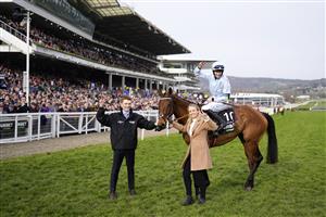 CHELTENHAM, ENGLAND - MARCH 15: Rachel Blackmore on Honeysuckle pose for a photo after winning The Unibet Champion Hurdle race during day one of the Cheltenham Festival 2022 at Cheltenham Racecourse on March 15, 2022 in Cheltenham, England. (Photo by Alan Crowhurst/Getty Images)