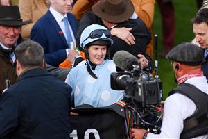 CHELTENHAM, ENGLAND - MARCH 15: Rachael Blackmore celebrates after winning The Unibet Champion Hurdle race on Honeysuckle during day one of the Cheltenham Festival 2022 at Cheltenham Racecourse on March 15, 2022 in Cheltenham, England. (Photo by Mike Hewitt/Getty Images)