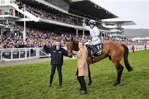 CHELTENHAM, ENGLAND - MARCH 15: Rachel Blackmore on Honeysuckle pose for a photo after winning The Unibet Champion Hurdle race during day one of the Cheltenham Festival 2022 at Cheltenham Racecourse on March 15, 2022 in Cheltenham, England. (Photo by Alan Crowhurst/Getty Images)