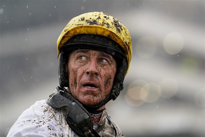 CHELTENHAM, ENGLAND - MARCH 16: A muddy Davy Russell on day two of The Festival at Cheltenham Racecourse on March 16, 2022 in Cheltenham, England. (Photo by Alan Crowhurst/Getty Images)