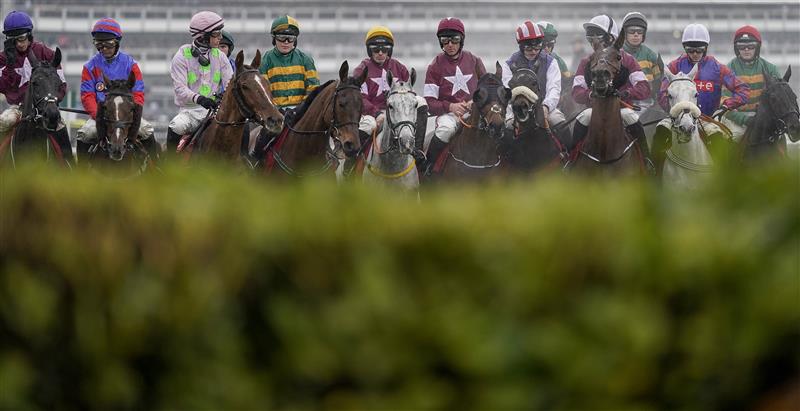 CHELTENHAM, ENGLAND - MARCH 16: Davy Russell riding Tiger Roll (C, purple cap) during The Glenfarclas Chase on day two of The Festival at Cheltenham Racecourse on March 16, 2022 in Cheltenham, England. (Photo by Alan Crowhurst/Getty Images)