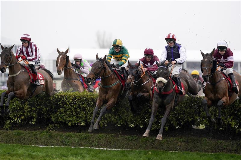CHELTENHAM, ENGLAND - MARCH 16: Davy Russell riding Tiger Roll (C, purple cap) during The Glenfarclas Chase on day two of The Festival at Cheltenham Racecourse on March 16, 2022 in Cheltenham, England. (Photo by Alan Crowhurst/Getty Images)