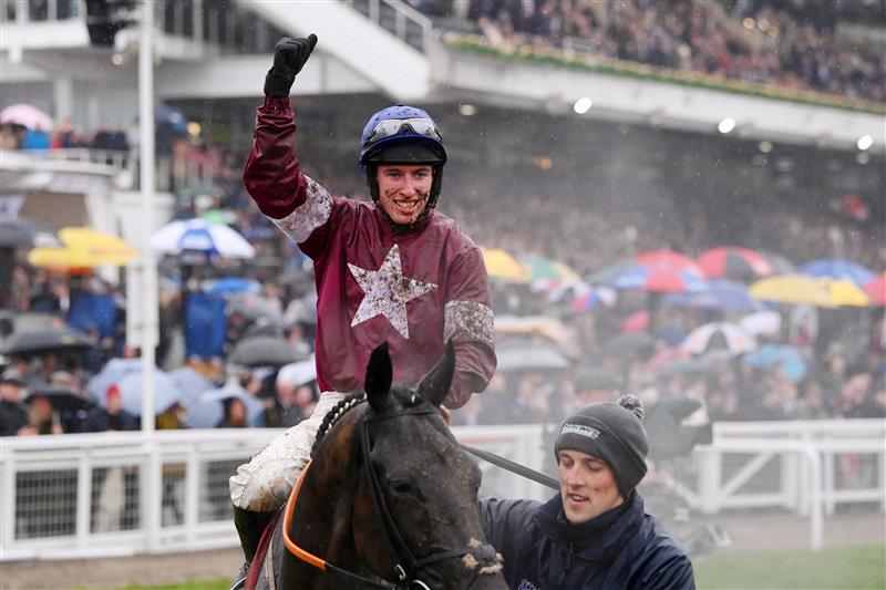 CHELTENHAM, ENGLAND - MARCH 16: Jack Kennedy on
Delta Work celebrates after winning the Glenfarclas Chase race during day two of Cheltenham Festival 2022 at Cheltenham Racecourse on March 16, 2022 in Cheltenham, England. (Photo by Mike Hewitt/Getty Images)