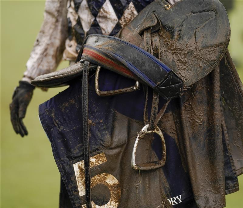CHELTENHAM, ENGLAND - MARCH 16: Wet and muddy on day two of The Festival at Cheltenham Racecourse on March 16, 2022 in Cheltenham, England. (Photo by Alan Crowhurst/Getty Images)