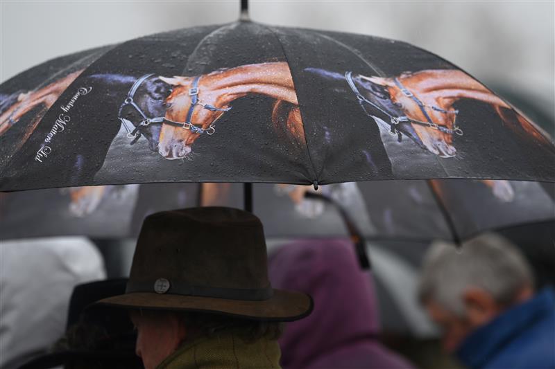 CHELTENHAM, ENGLAND - MARCH 16: Spectators brave the heavy rain on day two of the Cheltenham Festival 2022 at Cheltenham Racecourse on March 16, 2022 in Cheltenham, England. (Photo by Mike Hewitt/Getty Images)