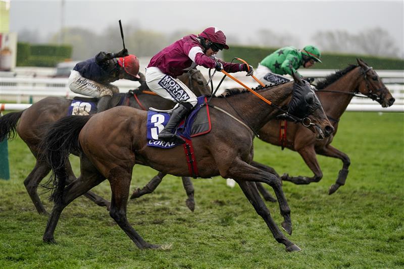 CHELTENHAM, ENGLAND - MARCH 16: Shane Fitzgerald riding Commander Of Fleet (maroon) clear the last to win The Coral Cup Handicap Hurdle on day two of The Festival at Cheltenham Racecourse on March 16, 2022 in Cheltenham, England. (Photo by Alan Crowhurst/Getty Images)