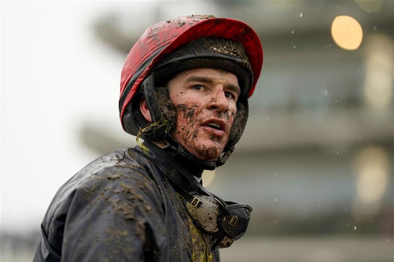CHELTENHAM, ENGLAND - MARCH 16: A muddy Daniel Mullins on day two of The Festival at Cheltenham Racecourse on March 16, 2022 in Cheltenham, England. (Photo by Alan Crowhurst/Getty Images)