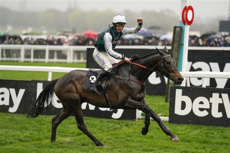 CHELTENHAM, ENGLAND - MARCH 16: Charlie Deutsch celebrates as he rides L'Homme Presse to victory in The Brown Advisory Novices' Chase on day two of The Festival at Cheltenham Racecourse on March 16, 2022 in Cheltenham, England. (Photo by Alan Crowhurst/Getty Images)