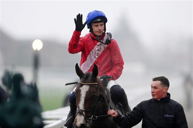 CHELTENHAM, ENGLAND - MARCH 16: Paul Townend on
Sir Gerhard celebrates after winning the Ballymore Novices' Hurdle race during day two of Cheltenham Festival 2022 at Cheltenham Racecourse on March 16, 2022 in Cheltenham, England. (Photo by Mike Hewitt/Getty Images)