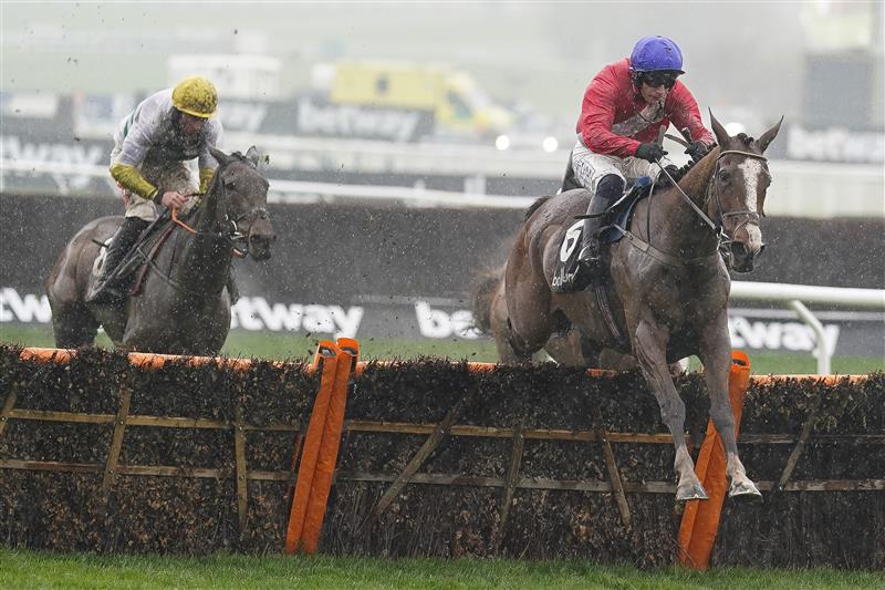 CHELTENHAM, ENGLAND - MARCH 16: Paul Townend riding Sir Gerhard (red) clear the last to win The Ballymore Novices' Hurdle on day two of The Festival at Cheltenham Racecourse on March 16, 2022 in Cheltenham, England. (Photo by Alan Crowhurst/Getty Images)
