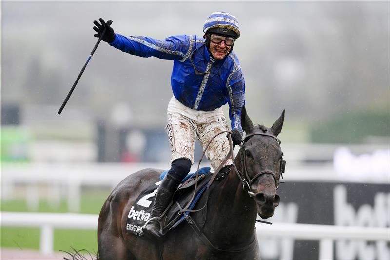 CHELTENHAM, ENGLAND - MARCH 16: Paul Townend on Energumene celebrates after winning the Betway Queen Mother Champion Chase race during day two of Cheltenham Festival 2022 at Cheltenham Racecourse on March 16, 2022 in Cheltenham, England. (Photo by Mike Hewitt/Getty Images)