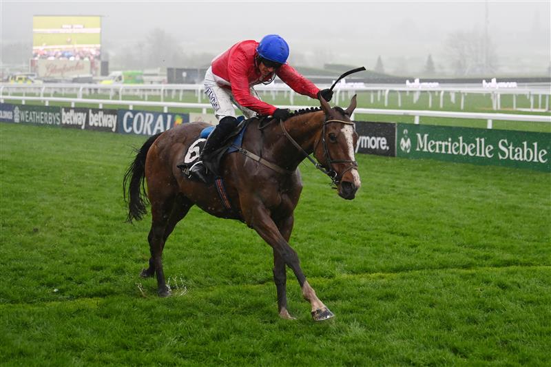CHELTENHAM, ENGLAND - MARCH 16: Paul Townend on
Sir Gerhard approach the finish line to win the Ballymore Novices' Hurdle race during day two of Cheltenham Festival 2022 at Cheltenham Racecourse on March 16, 2022 in Cheltenham, England. (Photo by Mike Hewitt/Getty Images)