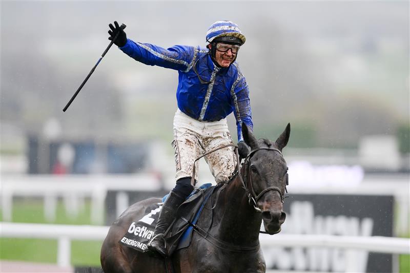 CHELTENHAM, ENGLAND - MARCH 16: Paul Townend on Energumene celebrates after winning the Betway Queen Mother Champion Chase race during day two of Cheltenham Festival 2022 at Cheltenham Racecourse on March 16, 2022 in Cheltenham, England. (Photo by Mike Hewitt/Getty Images)