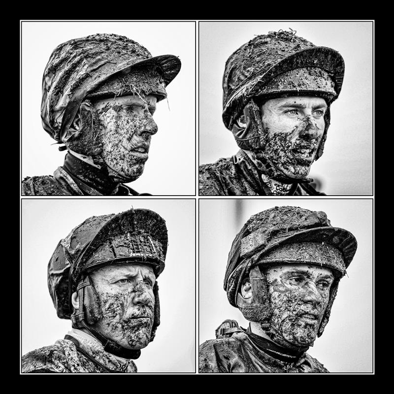 CHELTENHAM, ENGLAND - MARCH 16: (EDITORS NOTE: This a composite image, converted to black and white) A muddy day for jockeys (Mark Walsh (top left), Jack Kennedy (top right), Robbie Power (bottom left) and Simon Torrrens (bottom right) on day two of The Festival at Cheltenham Racecourse on March 16, 2022 in Cheltenham, England. (Photo by Alan Crowhurst/Getty Images)