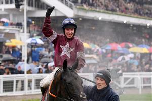 CHELTENHAM, ENGLAND - MARCH 16: Jack Kennedy on
Delta Work celebrates after winning the Glenfarclas Chase race during day two of Cheltenham Festival 2022 at Cheltenham Racecourse on March 16, 2022 in Cheltenham, England. (Photo by Mike Hewitt/Getty Images)