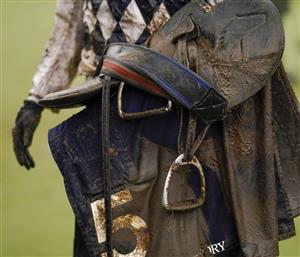 CHELTENHAM, ENGLAND - MARCH 16: Wet and muddy on day two of The Festival at Cheltenham Racecourse on March 16, 2022 in Cheltenham, England. (Photo by Alan Crowhurst/Getty Images)