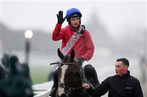 CHELTENHAM, ENGLAND - MARCH 16: Paul Townend on
Sir Gerhard celebrates after winning the Ballymore Novices' Hurdle race during day two of Cheltenham Festival 2022 at Cheltenham Racecourse on March 16, 2022 in Cheltenham, England. (Photo by Mike Hewitt/Getty Images)