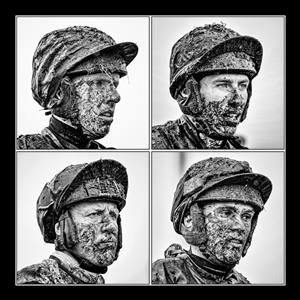 CHELTENHAM, ENGLAND - MARCH 16: (EDITORS NOTE: This a composite image, converted to black and white) A muddy day for jockeys (Mark Walsh (top left), Jack Kennedy (top right), Robbie Power (bottom left) and Simon Torrrens (bottom right) on day two of The Festival at Cheltenham Racecourse on March 16, 2022 in Cheltenham, England. (Photo by Alan Crowhurst/Getty Images)