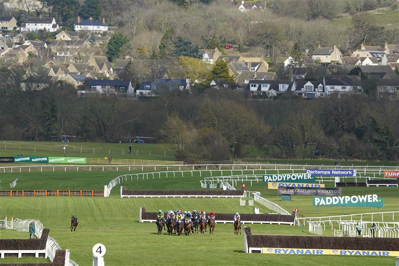 CHELTENHAM, ENGLAND - MARCH 17: A general view as runners make their way up the straight on day three of The Festival at Cheltenham Racecourse on March 17, 2022 in Cheltenham, England. (Photo by Alan Crowhurst/Getty Images)