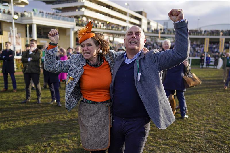 CHELTENHAM, ENGLAND - MARCH 17: Reactions from the winning connections of Love Envoi as they watch their horse on the big screen win The Ryanair Mares' Novices' Hurdleon day three of The Festival at Cheltenham Racecourse on March 17, 2022 in Cheltenham, England. (Photo by Alan Crowhurst/Getty Images)
