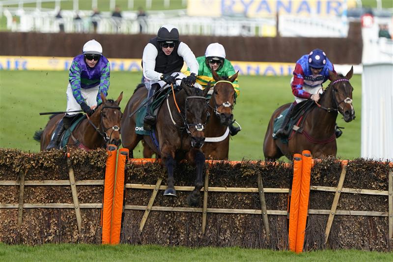 CHELTENHAM, ENGLAND - MARCH 17: Danny Mullins (black and white kit) on Flooring Porter clear the last to win The Paddy Power Stayers’ Hurdle race during day three of The Cheltenham Festival 2022 at Cheltenham Racecourse on March 17, 2022 in Cheltenham, England. (Photo by Alan Crowhurst/Getty Images)