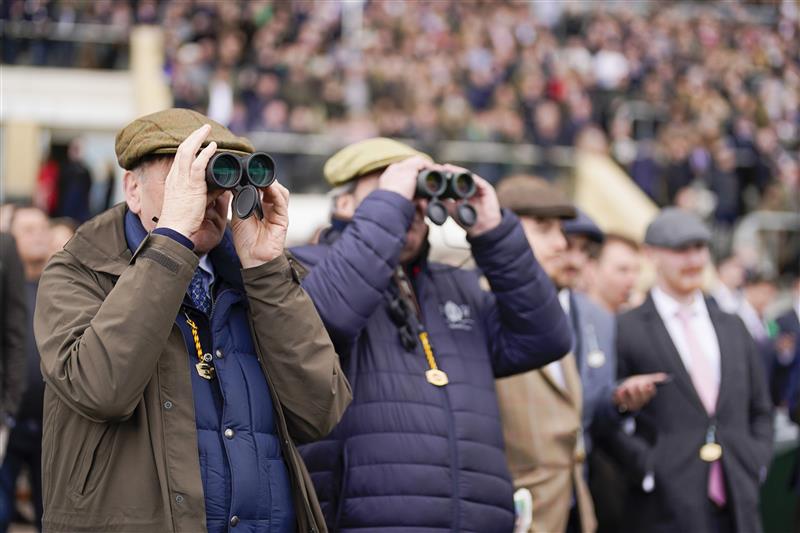 CHELTENHAM, ENGLAND - MARCH 17: Keeping an eye on the action on day three of The Festival at Cheltenham Racecourse on March 17, 2022 in Cheltenham, England. (Photo by Alan Crowhurst/Getty Images)