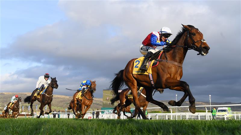 CHELTENHAM, ENGLAND - MARCH 17: Jonathan Burke (white cap) on Love Envoi approach the finish line to win The Dawn Run Mares’ Novices’ Hurdle race during day three of The Cheltenham Festival 2022 at Cheltenham Racecourse on March 17, 2022 in Cheltenham, England. (Photo by Mike Hewitt/Getty Images)