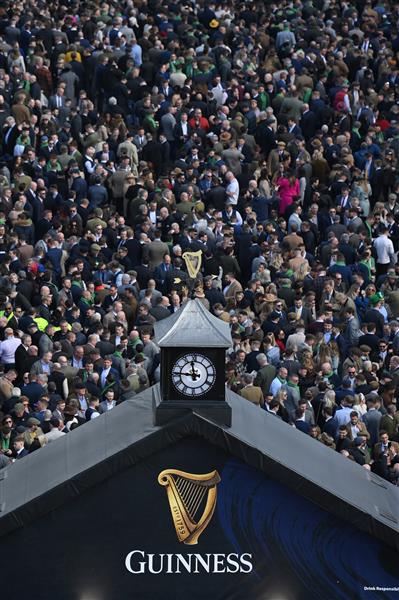 CHELTENHAM, ENGLAND - MARCH 17: The Guinness Village is packed on St Patrick's Day on day three of the Cheltenham Festival 2022 at Cheltenham Racecourse on March 17, 2022 in Cheltenham, England. (Photo by Mike Hewitt/Getty Images)