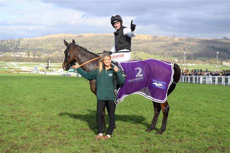 CHELTENHAM, ENGLAND - MARCH 17: Danny Mullins (black and white kit) on Flooring Porter pose for a photo after winning The Paddy Power Stayers’ Hurdle race during day three of The Cheltenham Festival 2022 at Cheltenham Racecourse on March 17, 2022 in Cheltenham, England. (Photo by Mike Hewitt/Getty Images)