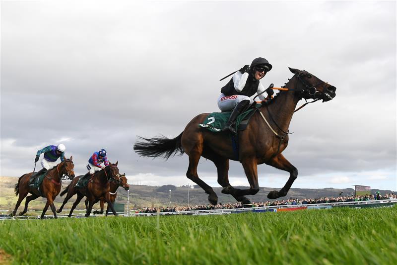 CHELTENHAM, ENGLAND - MARCH 17: Danny Mullins (black and white kit) on Flooring Porter approach the finish line to win The Paddy Power Stayers’ Hurdle race during day three of The Cheltenham Festival 2022 at Cheltenham Racecourse on March 17, 2022 in Cheltenham, England. (Photo by Mike Hewitt/Getty Images)