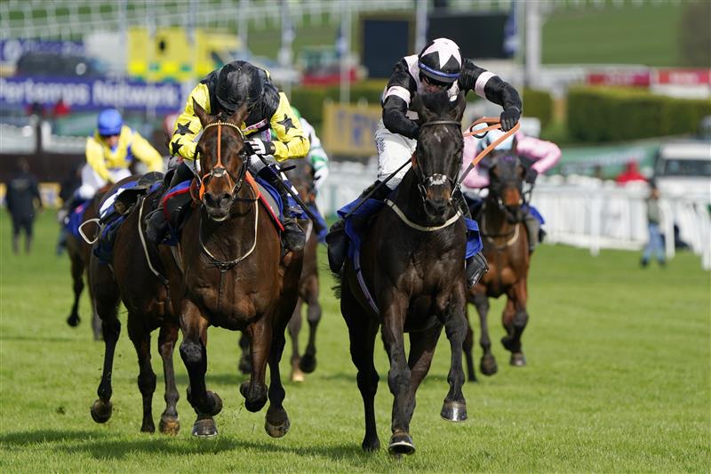 CHELTENHAM, ENGLAND - MARCH 17: Tom O'Brien (black and pink kit) on Third Wind approach the finish line before Paddy Brennan (black and yellow kit) on Alaphilippe to win The Pertemps Network Final Handicap Hurdle race during day three of The Cheltenham Festival 2022 at Cheltenham Racecourse on March 17, 2022 in Cheltenham, England. (Photo by Alan Crowhurst/Getty Images)